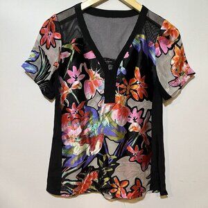 Nanette Lepore Women's Black Floral Sheer Blouse Silk Rayon Flawed